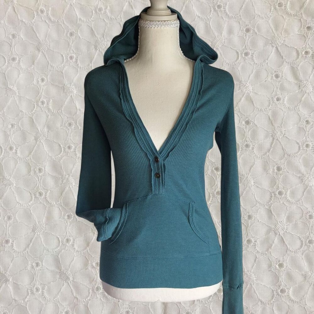 Y2K Maurices Teal Waffle Knit Henley Hoodie Long Sleeve Shirt